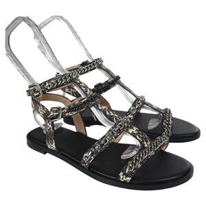 COACH Haddie Gladiator Sandals Size 8 Black Gray Snakeskin Chain Trim Flats